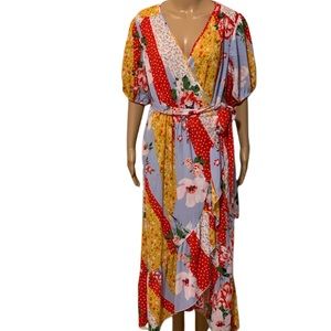 Red Yellow Blue Floral Patchwork Wrap Dress Size Large